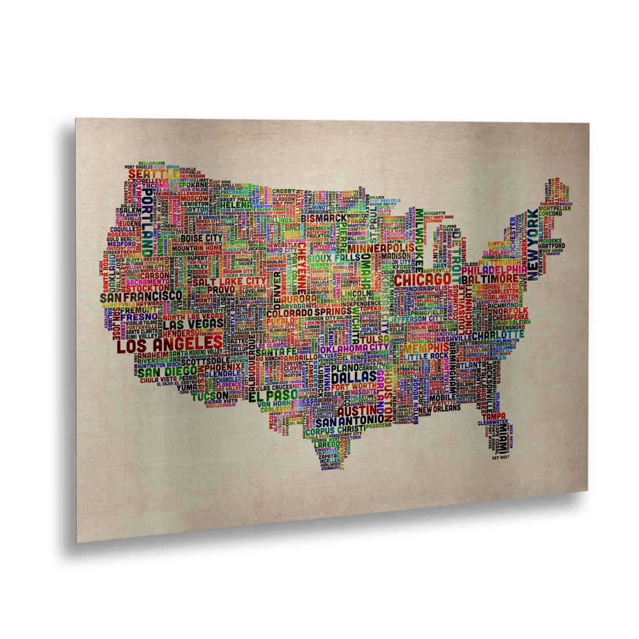 Michael Tompsett 'US Cities Text Map VI' Floating Brushed Aluminum Art 16 X 22