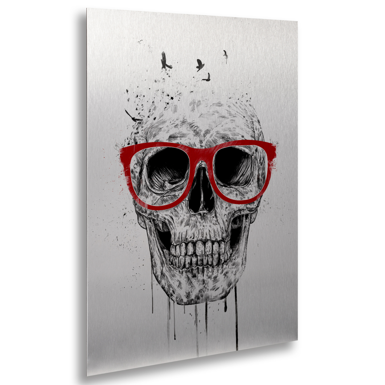 Balazs Solti 'Skull With Red Glasses' Floating Brushed Aluminum Art 16 X 22