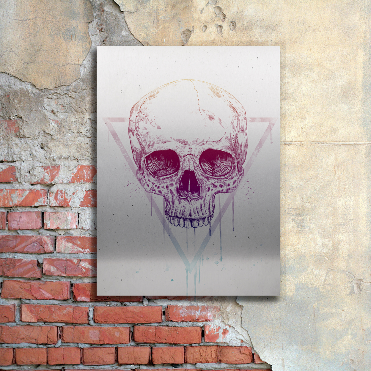 Balazs Solti 'Skull In Triangle' Floating Brushed Aluminum Art 16 X 22