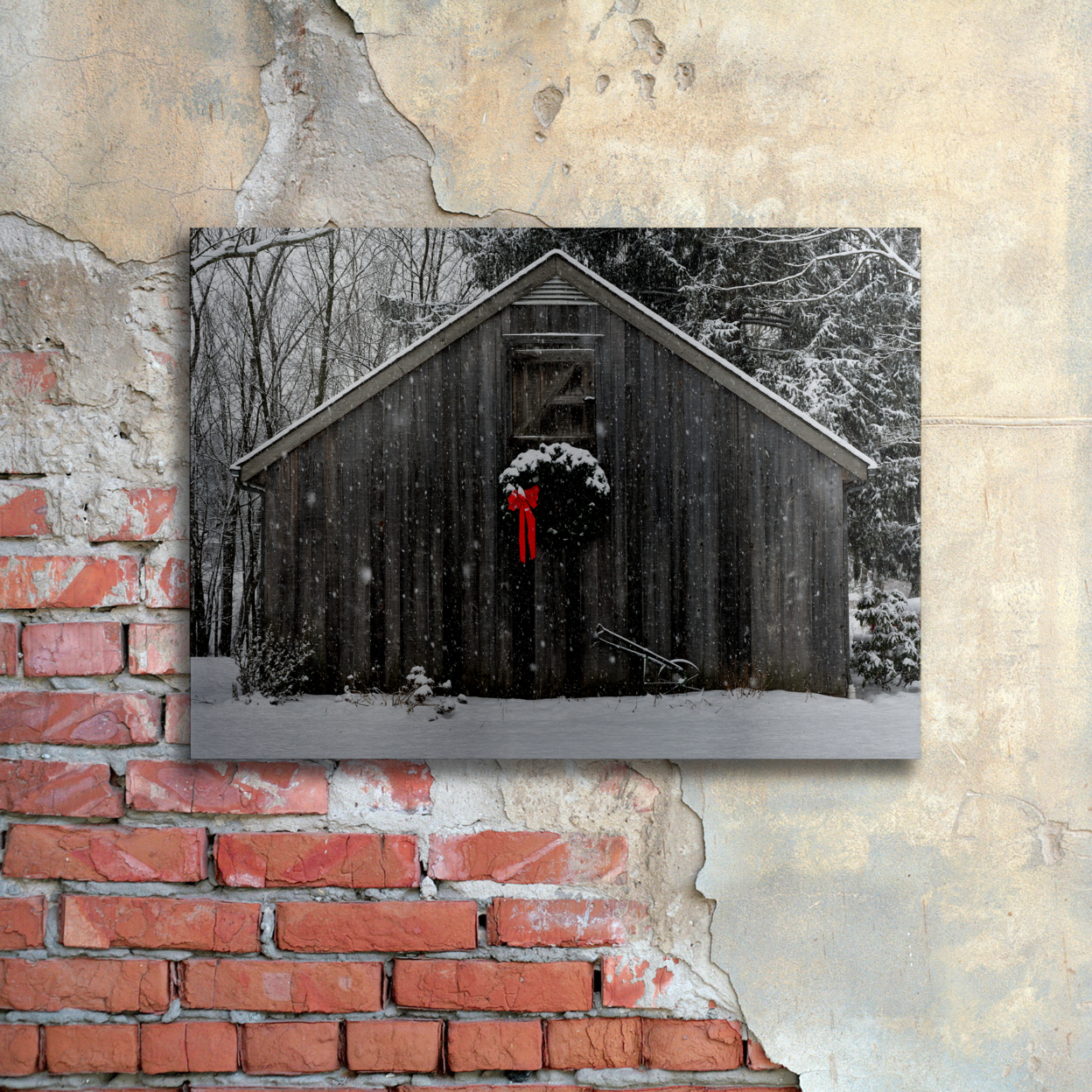 Kurt Shaffer 'Christmas Barn Snow' Floating Brushed Aluminum Art 16 X 22