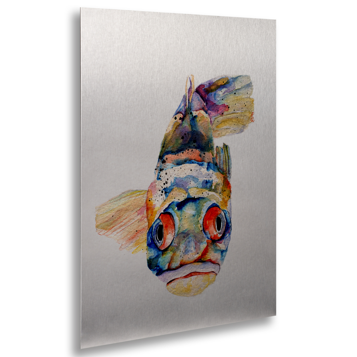 Pat Saunders-White 'Blue Fish' Floating Brushed Aluminum Art 16 X 22