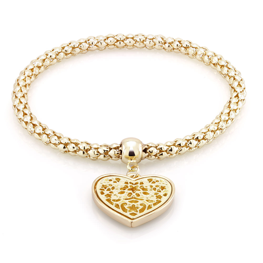 18kt Gold Filgree Heart Charm Bracelet - Rose