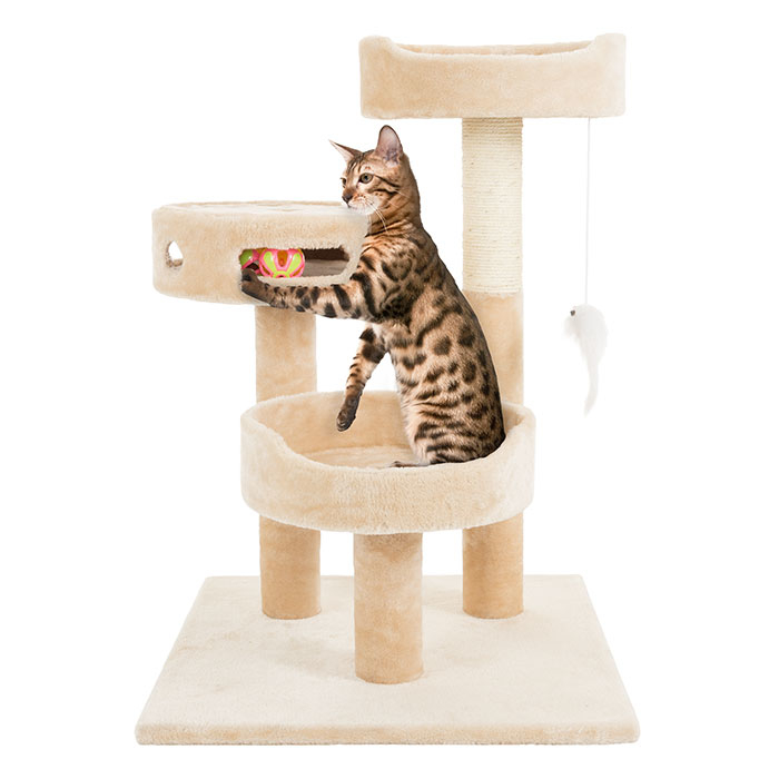Cat Tree 3 Tier 27.5in High 2 Hanging Toys A 3 Ball Play Area And Scr