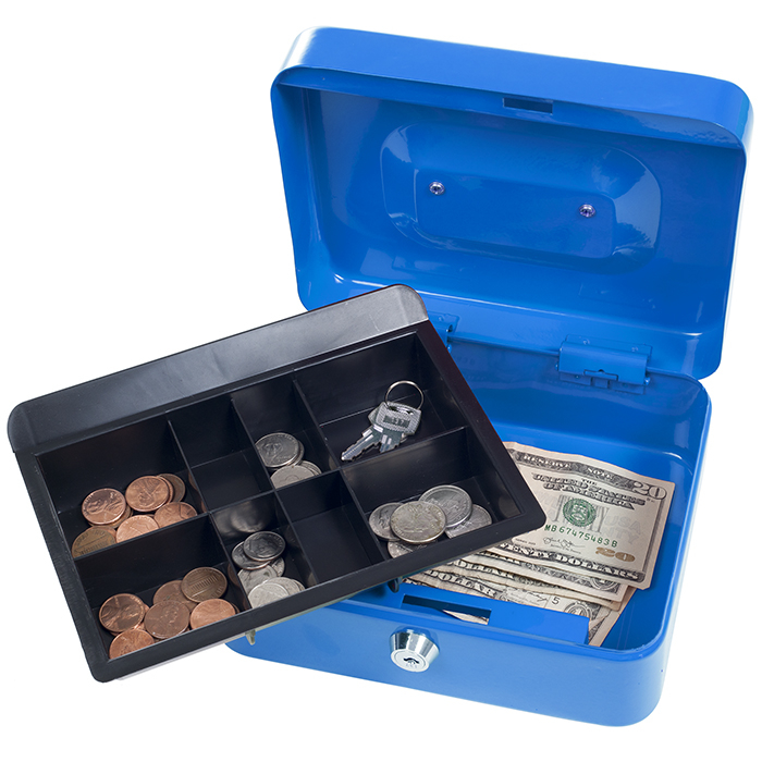 Stalwart 8 Inch Key Lock Blue Cash Box With Coin Tray