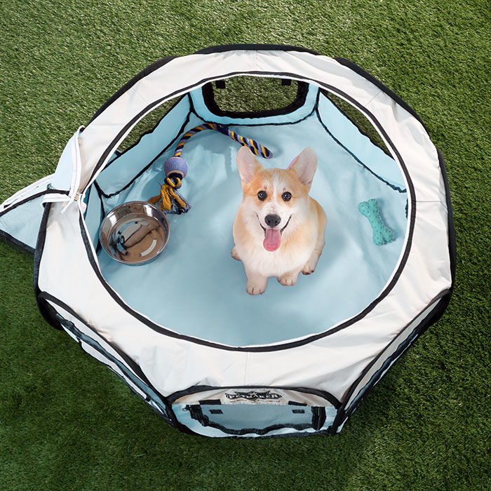 Portable Pop Up Pet Play Pen With Carrying Bag 33in Diameter 15.5in Blue By PETMAKER