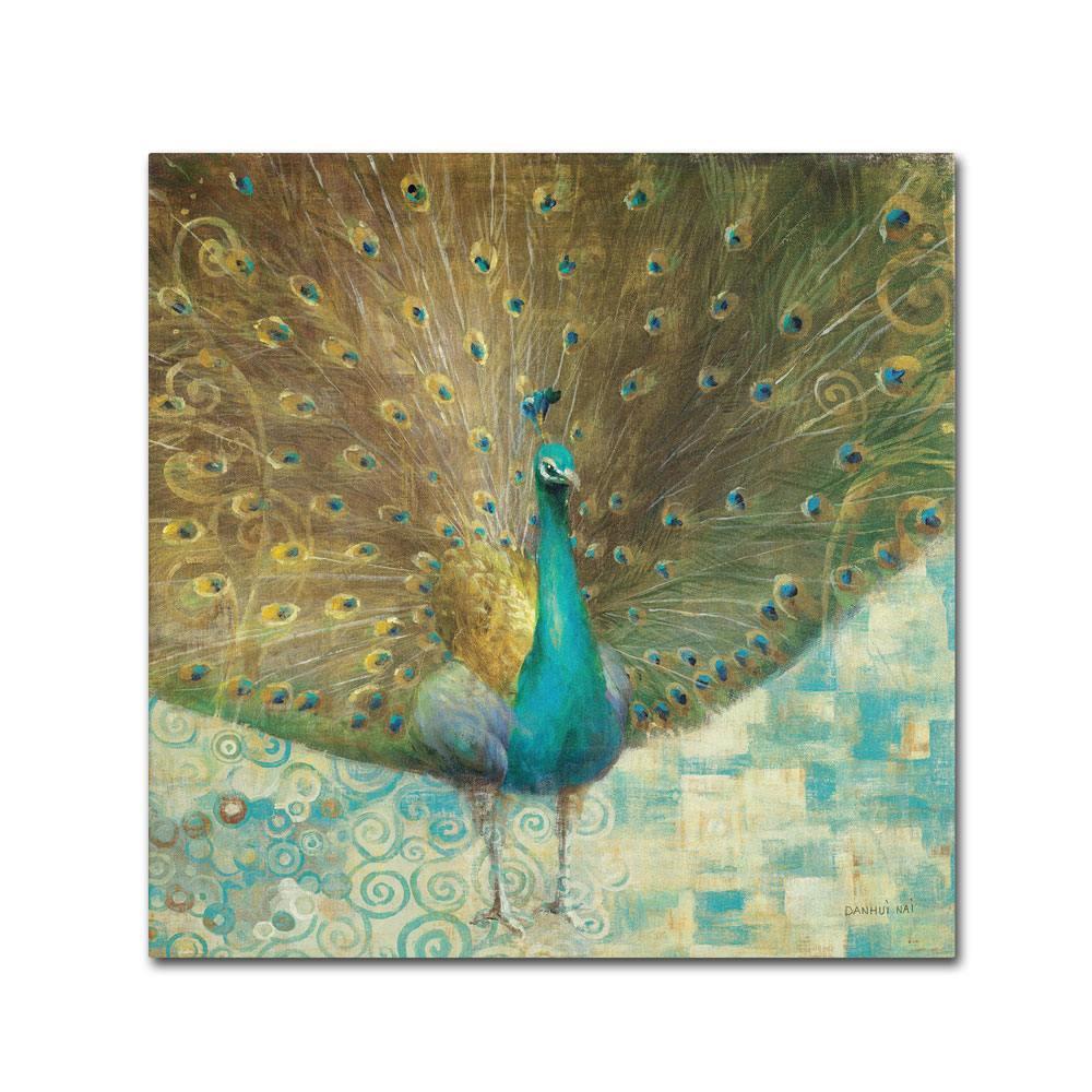 Danhui Nai 'Teal Peacock On Gold' Huge Canvas Art 35 X 35
