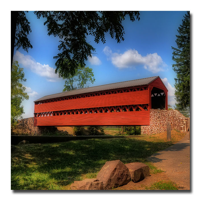 Lois Bryan 'Red Covered Bridge' Huge Canvas Art 35 X 35
