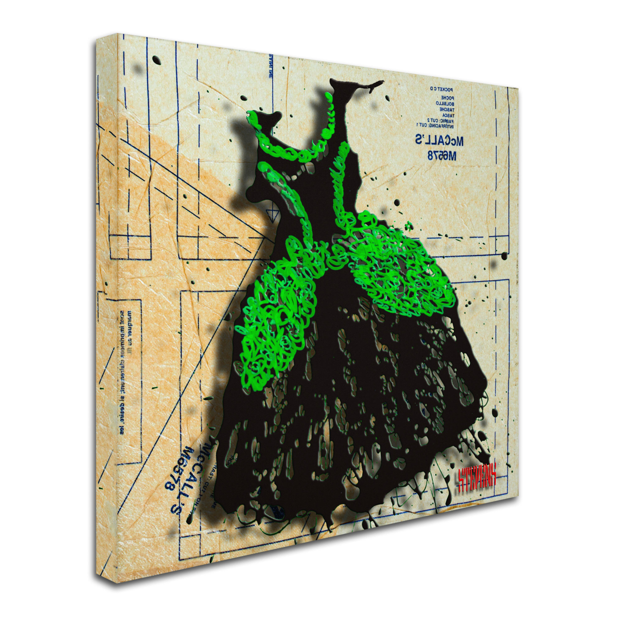 Roderick Stevens 'Black N Green Swirls' Huge Canvas Art 35 X 35