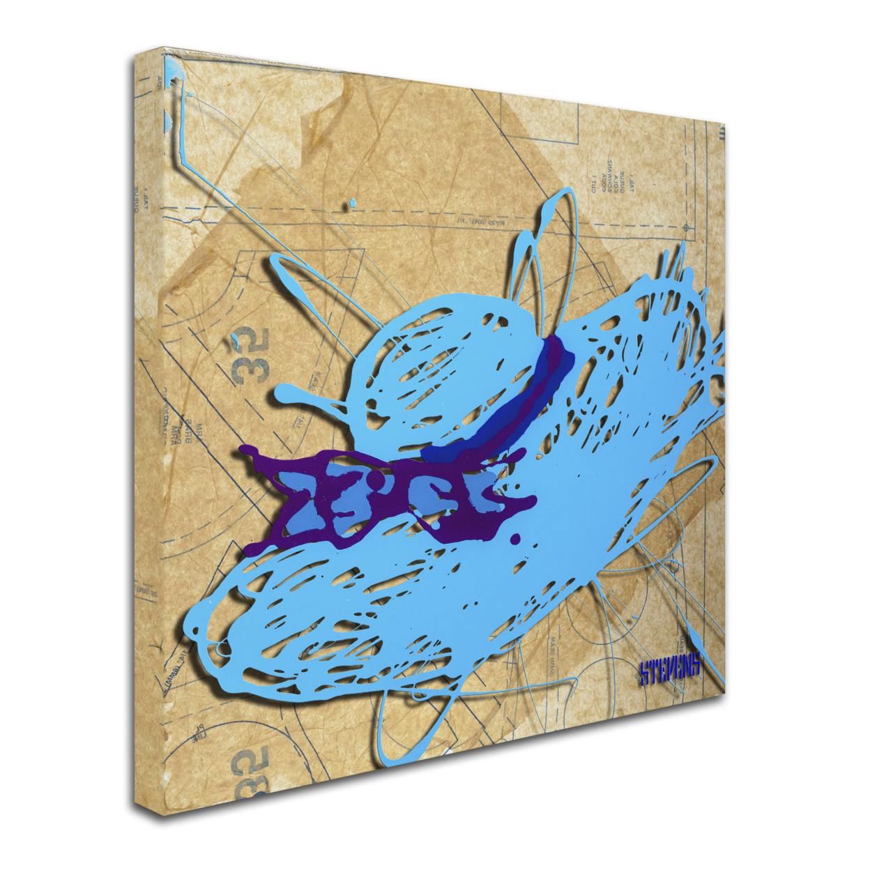 Roderick Stevens 'Blue Floppy Purple Bow' Huge Canvas Art 35 X 35