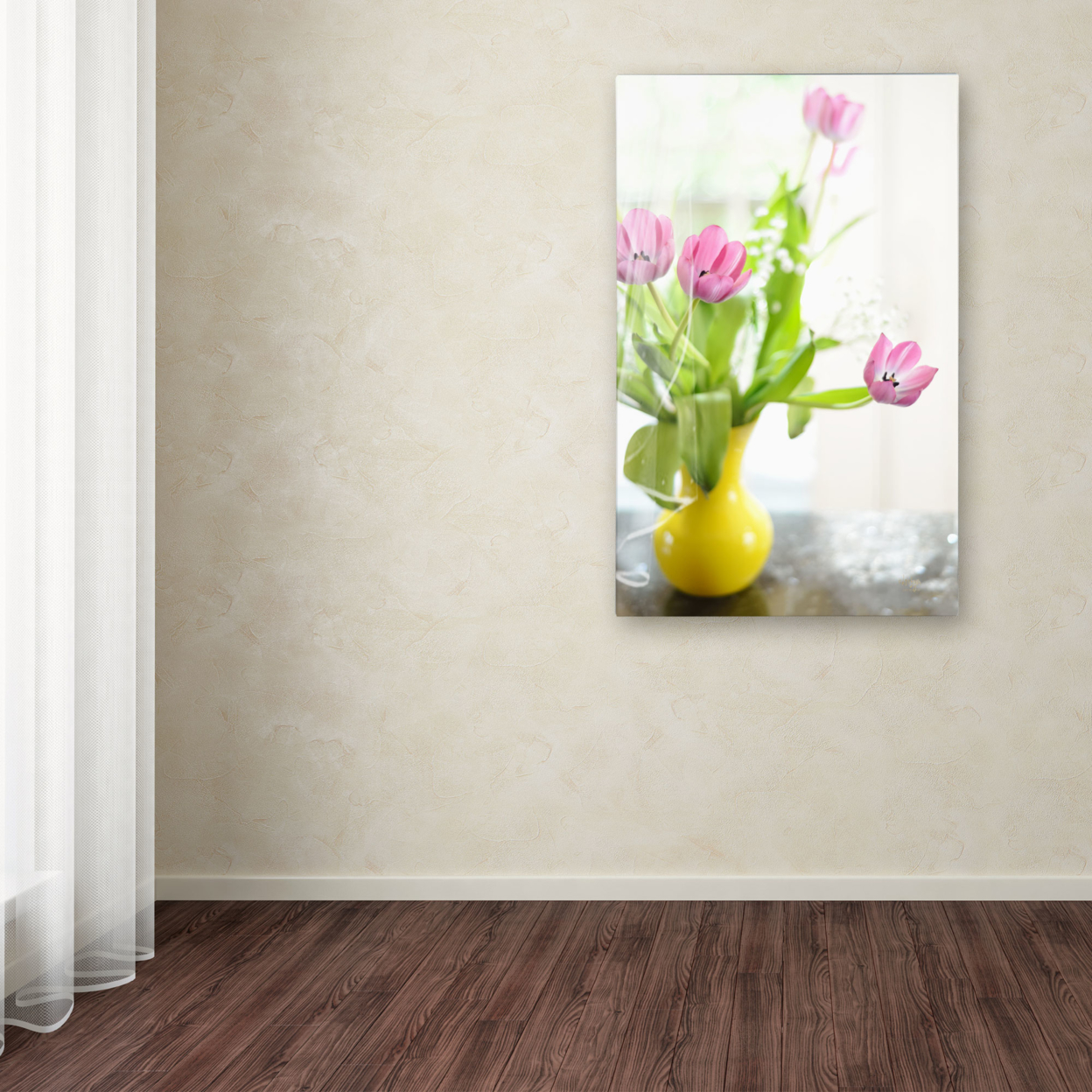 Lois Bryan 'Pink Tulips In Yellow Vase' Canvas Art 16 X 24