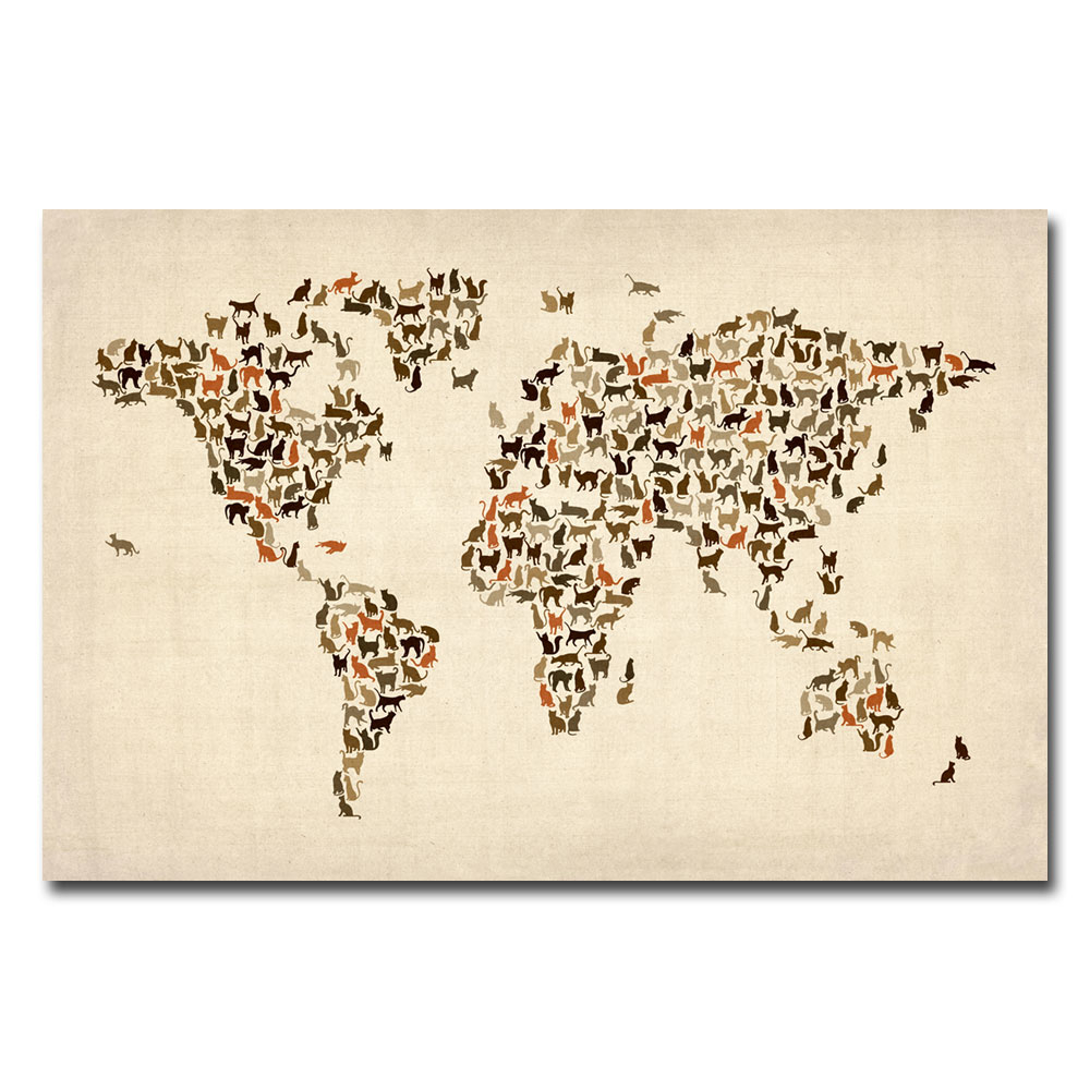 Michael Tompsett 'World Map Of Cats' Canvas Art 16 X 24