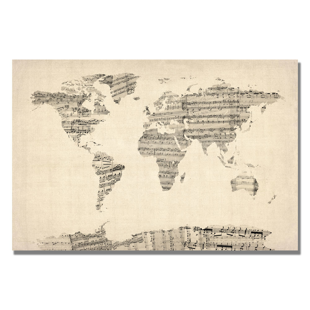 Michael Tompsett 'Old Sheet Music World Map' Canvas Art 16 X 24