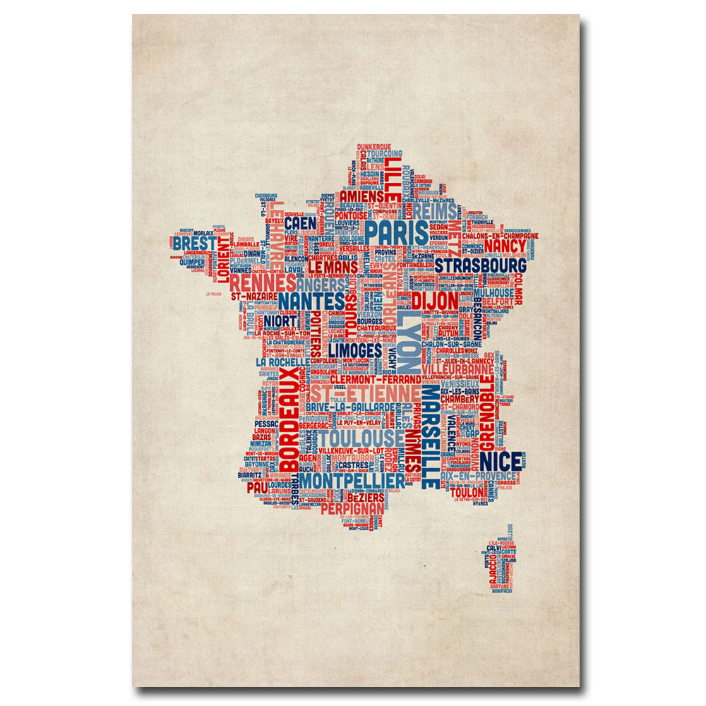 Michael Tompsett 'France - Cities Text Map' Canvas Art 16 X 24