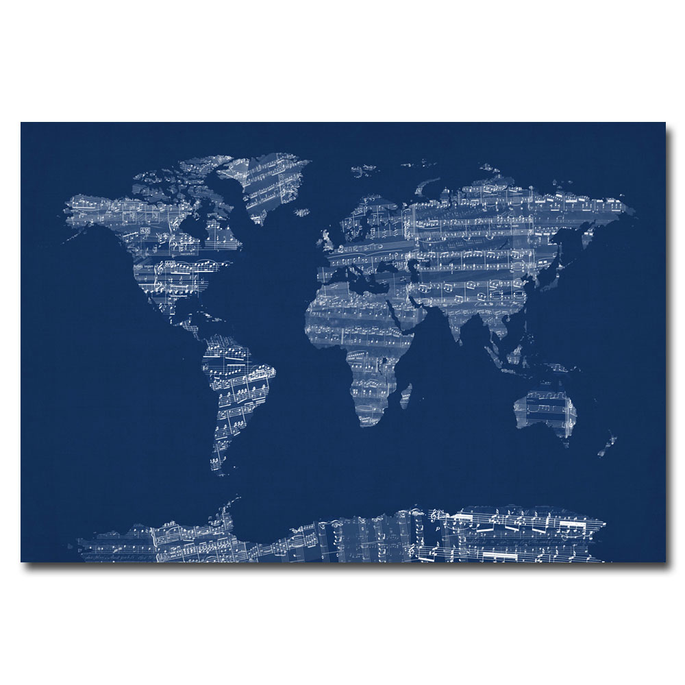 Michael Tompsett 'Sheet Music World Map In Blue' Canvas Art 16 X 24