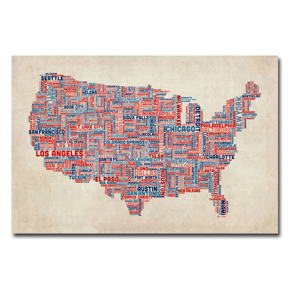 Michael Tompsett 'US Cities Text Map V' Canvas Art 16 X 24