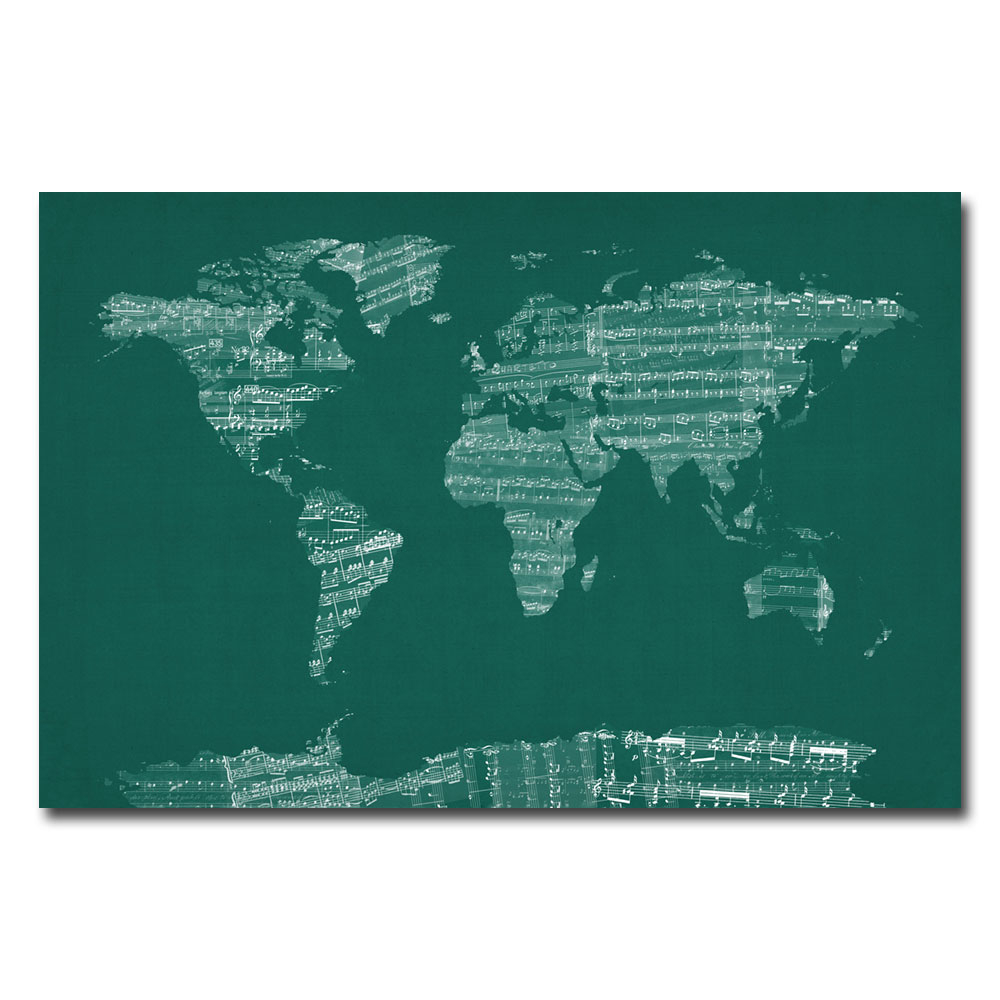 Michael Tompsett 'World Sheet Music Map In Green' Canvas Art 16 X 24