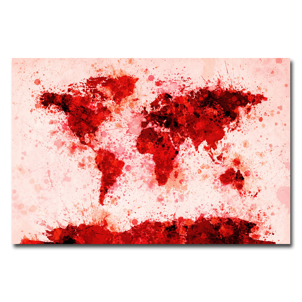 Michael Tompsett 'World Map - Red Paint Splashes' Canvas Art 16 X 24