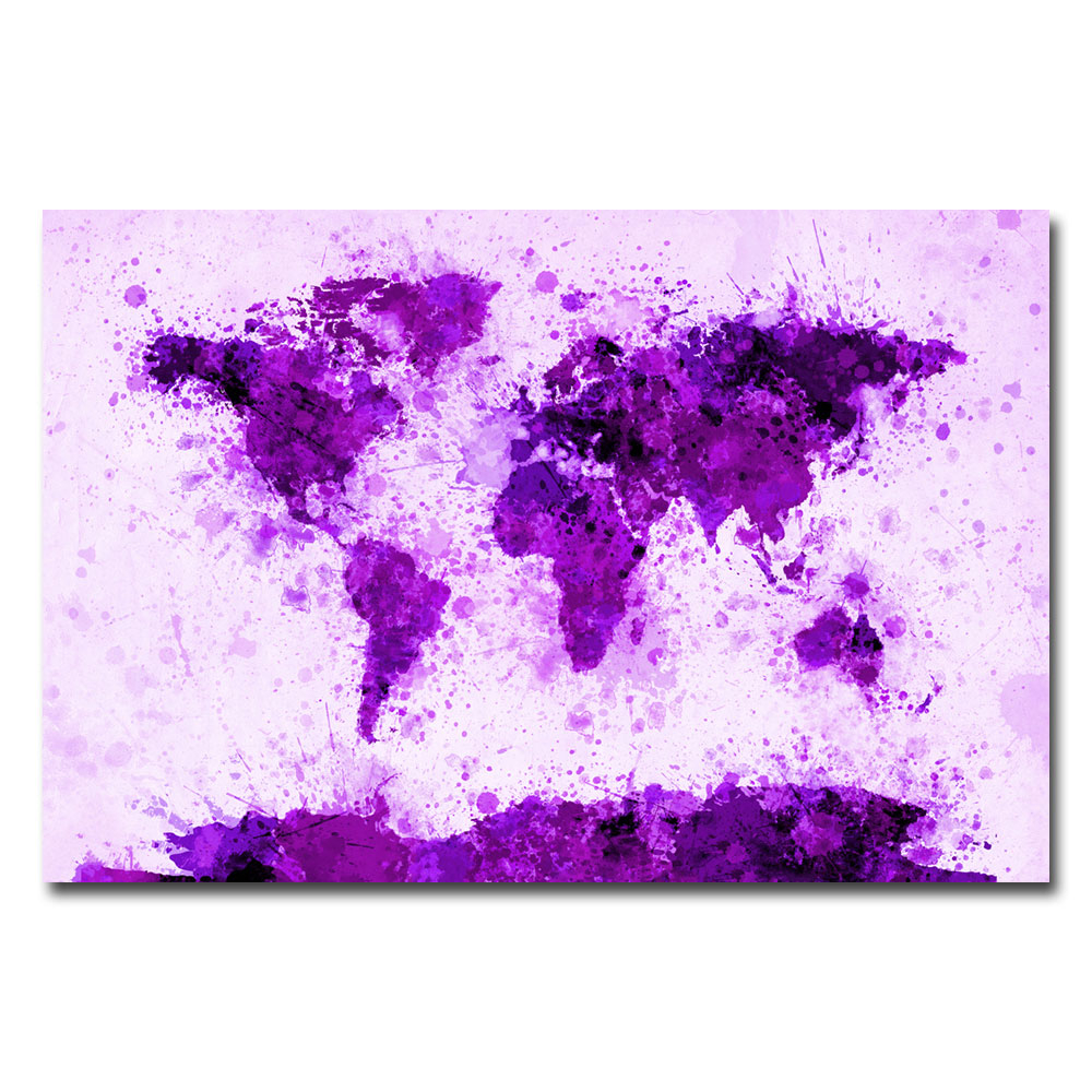 Michael Tompsett 'World Map - Purple Paint Splashes' Canvas