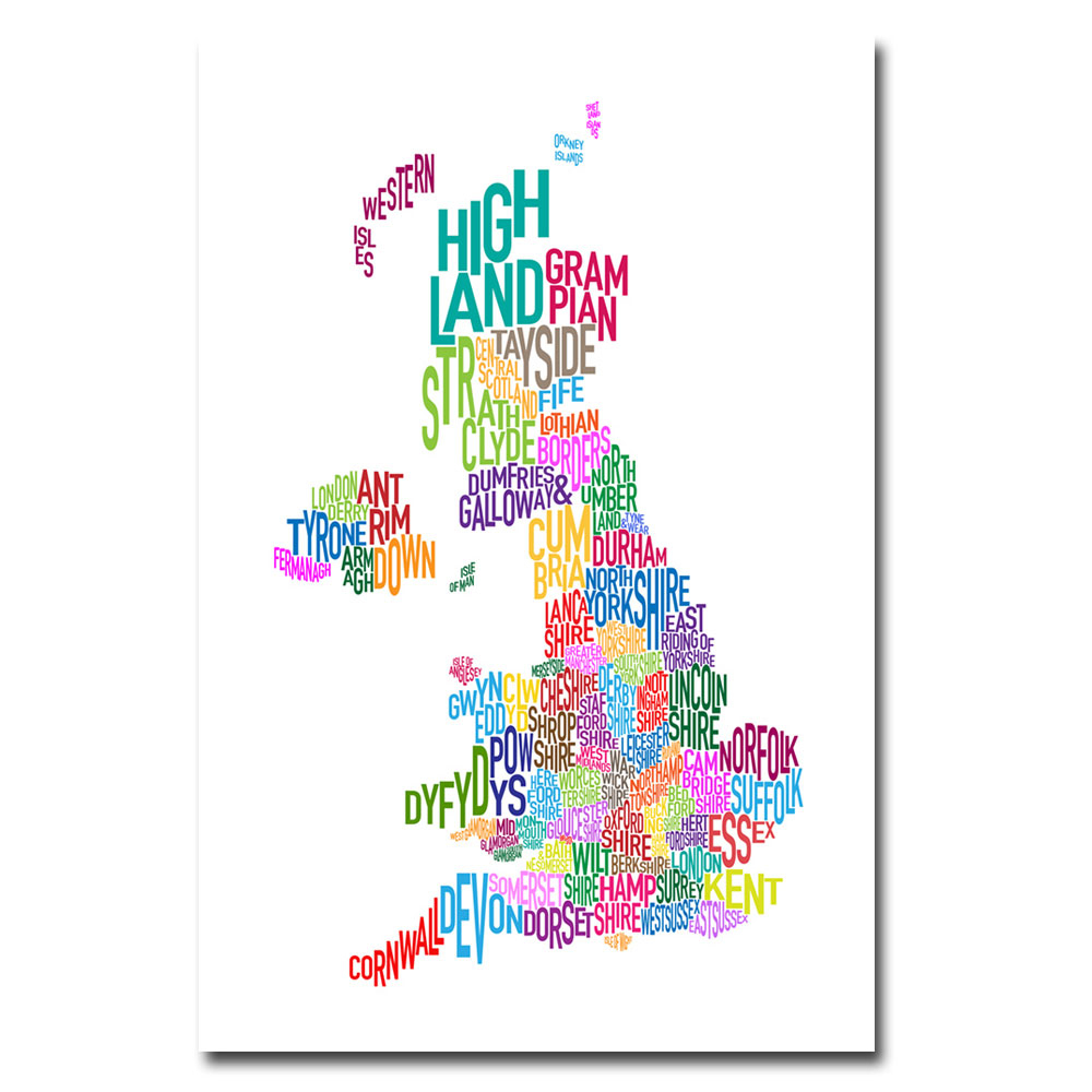 Michael Tompsett 'UK Counties Text Map' Canvas Art 16 X 24