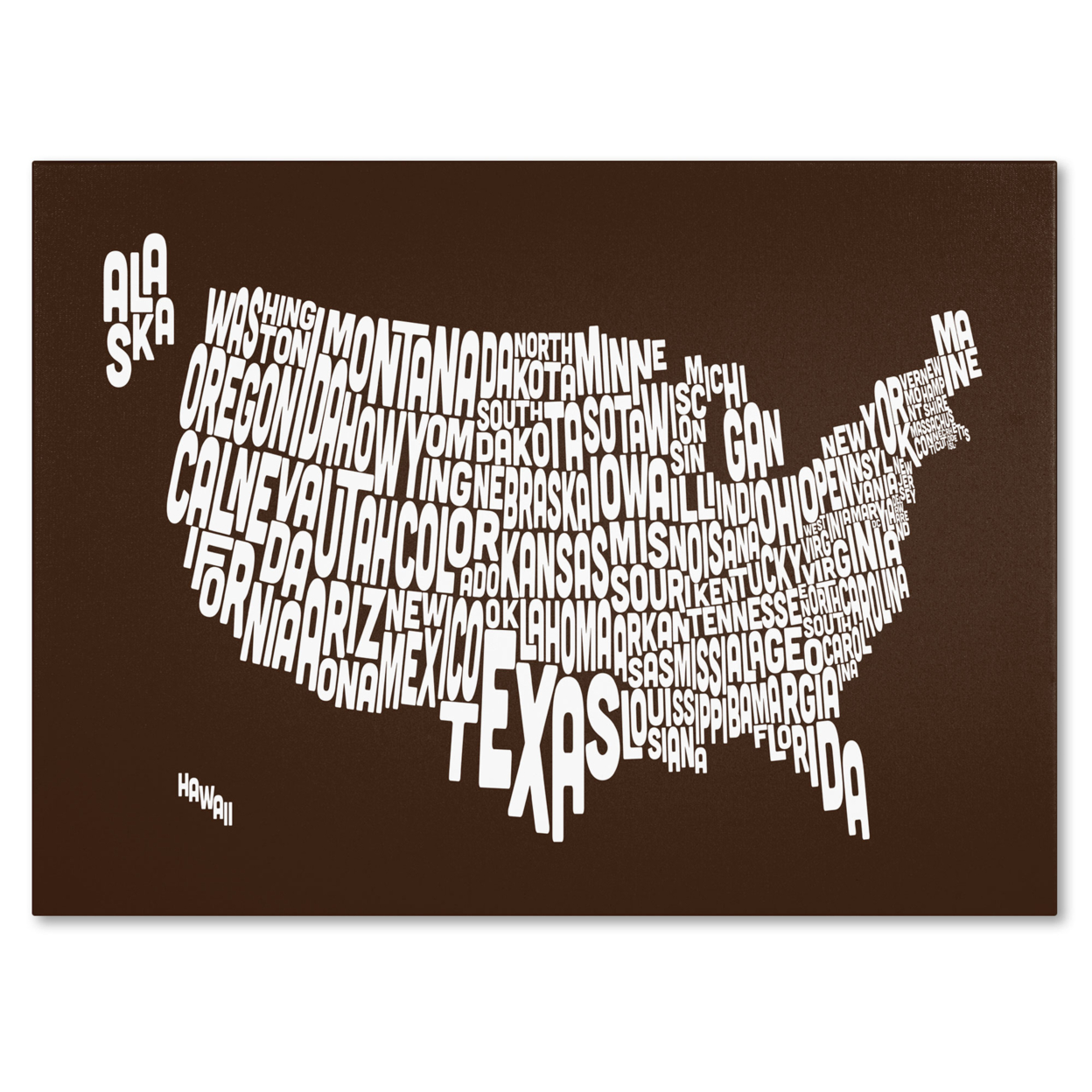Michael Tompsett 'CHOCOLATE-USA States Text Map' Canvas Art 16 X 24