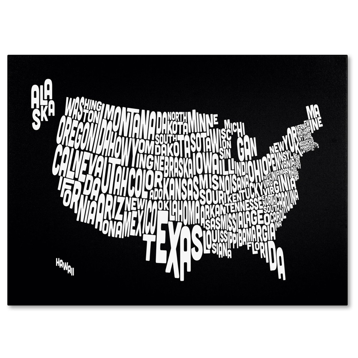 Michael Tompsett 'BLACK-USA States Text Map' Canvas Art 16 X 24