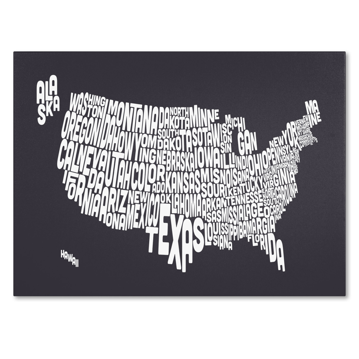 Michael Tompsett 'CHARCOAL-USA States Text Map' Canvas Art 16 X 24