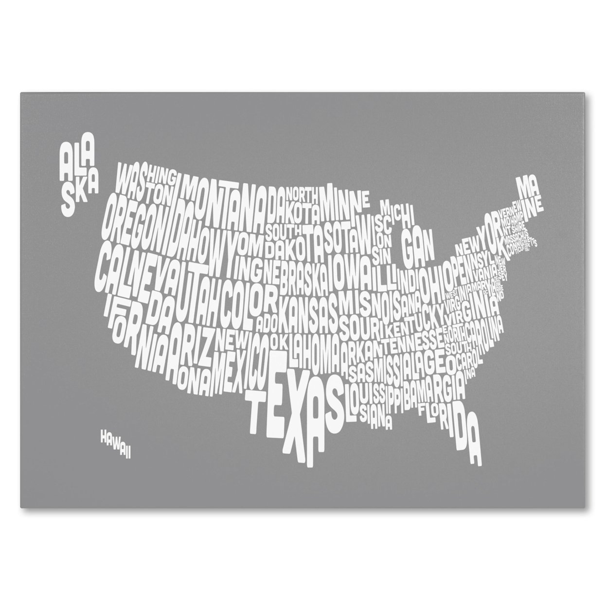 Michael Tompsett 'GREY-USA States Text Map' Canvas Art 16 X 24