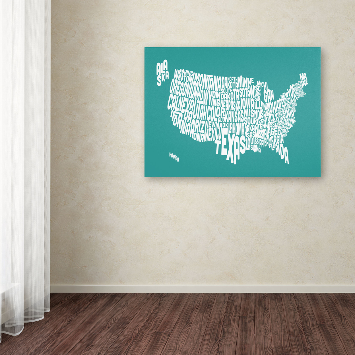 Michael Tompsett 'TURQOISE-USA States Text Map' Canvas Art 16 X 24