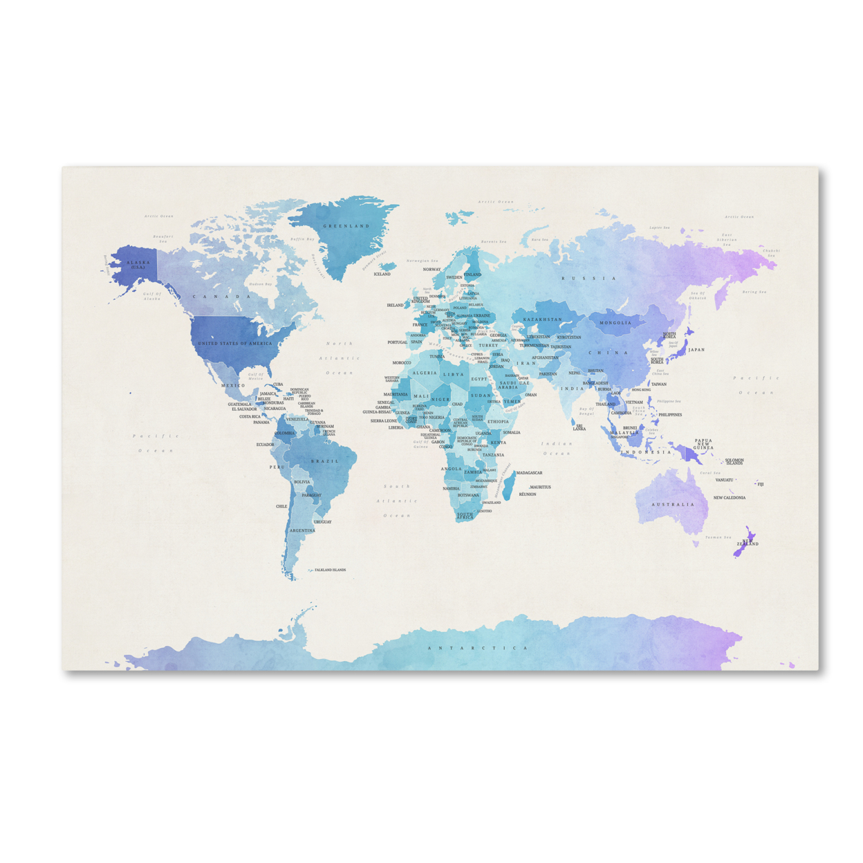Michael Tompsett 'Watercolour Political Map Of The World' Canvas Art 16 X 24