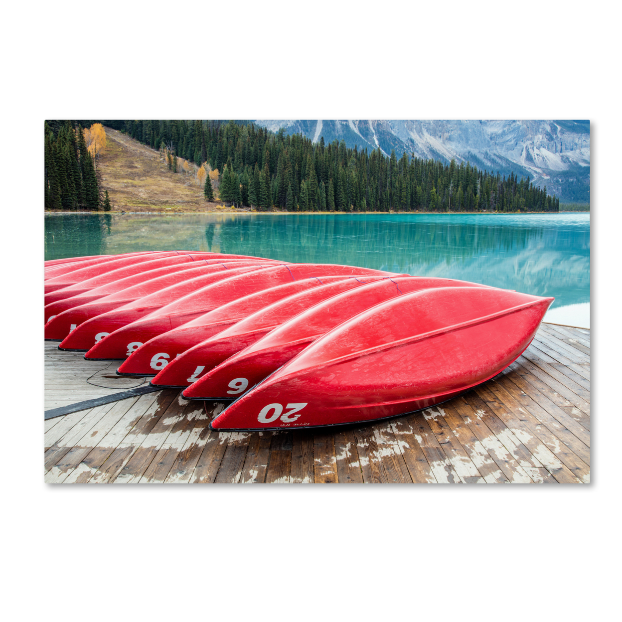 Pierre Leclerc 'Red Canoes Of Emerald Lake' Canvas Art 16 X 24