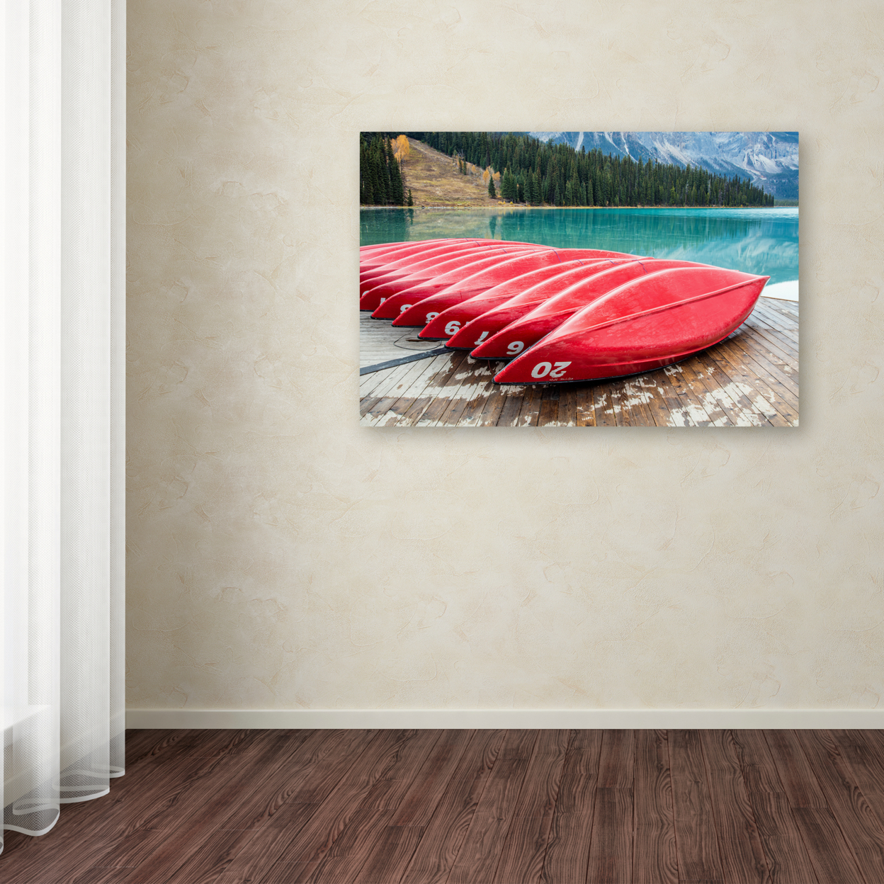 Pierre Leclerc 'Red Canoes Of Emerald Lake' Canvas Art 16 X 24