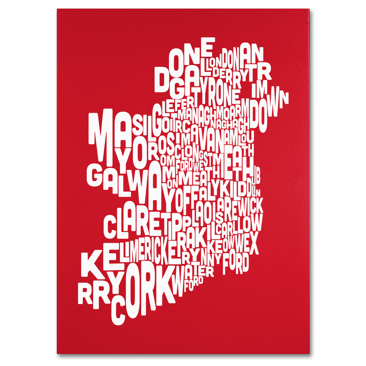 Michael Tompsett 'RED-Ireland Text Map' Canvas Art 18 X 24
