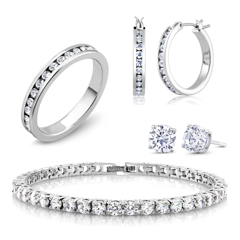 18K White Gold And CZ Jewelry Set - Hoops, Studs, Tennis Bracelet And Ring - 9