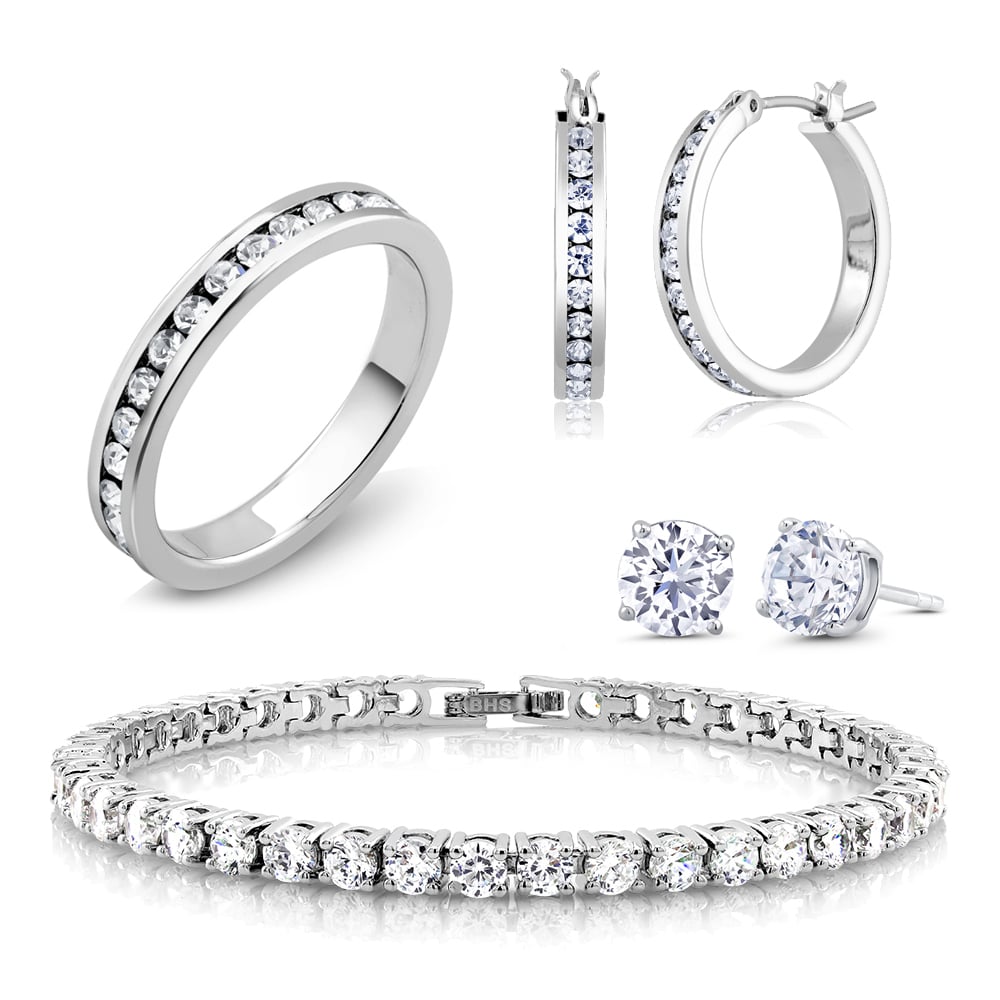 18K White Gold And CZ Jewelry Set - Hoops, Studs, Tennis Bracelet And Ring - 8