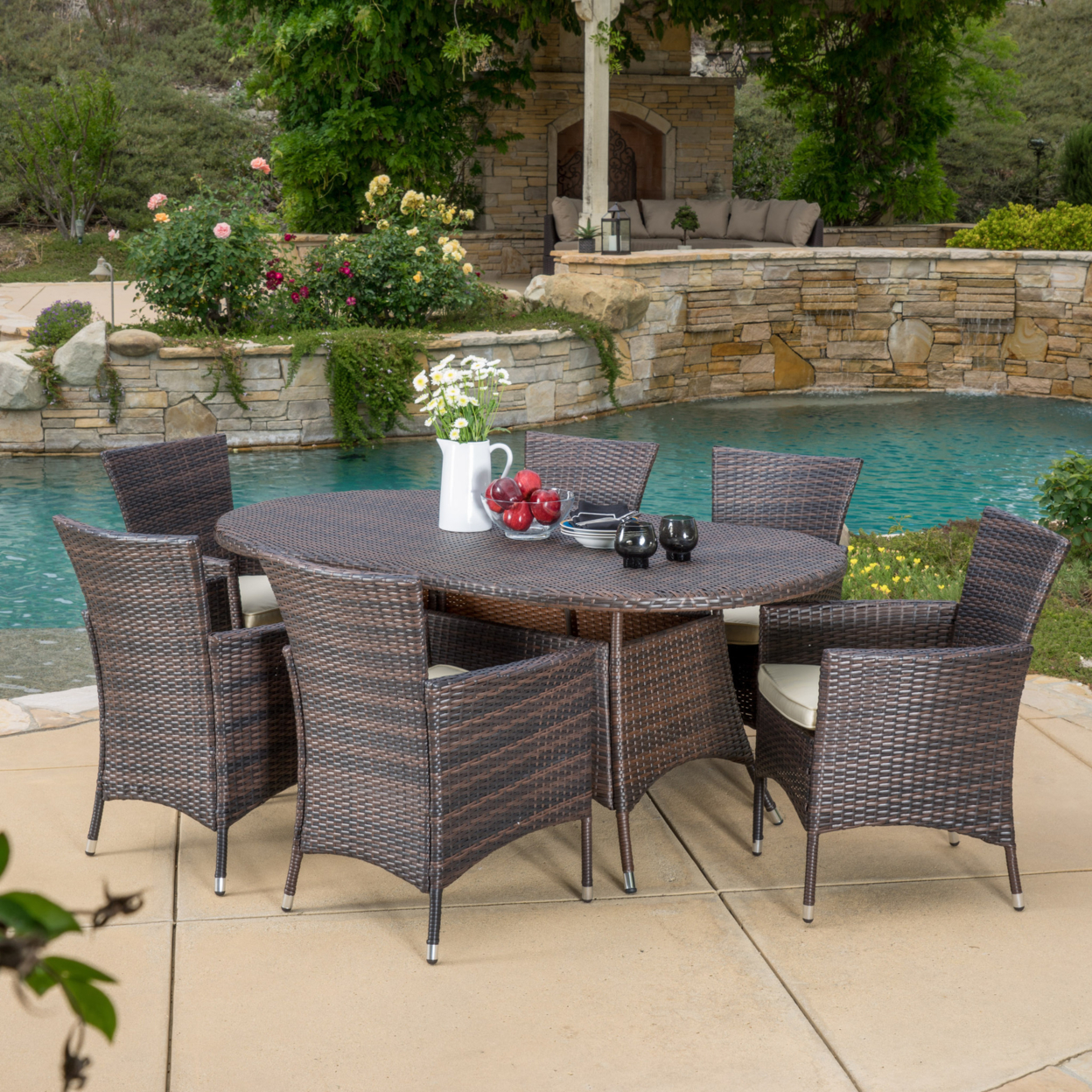 Clementine Outdoor 7pc Multibrown Wicker Long Dining Set