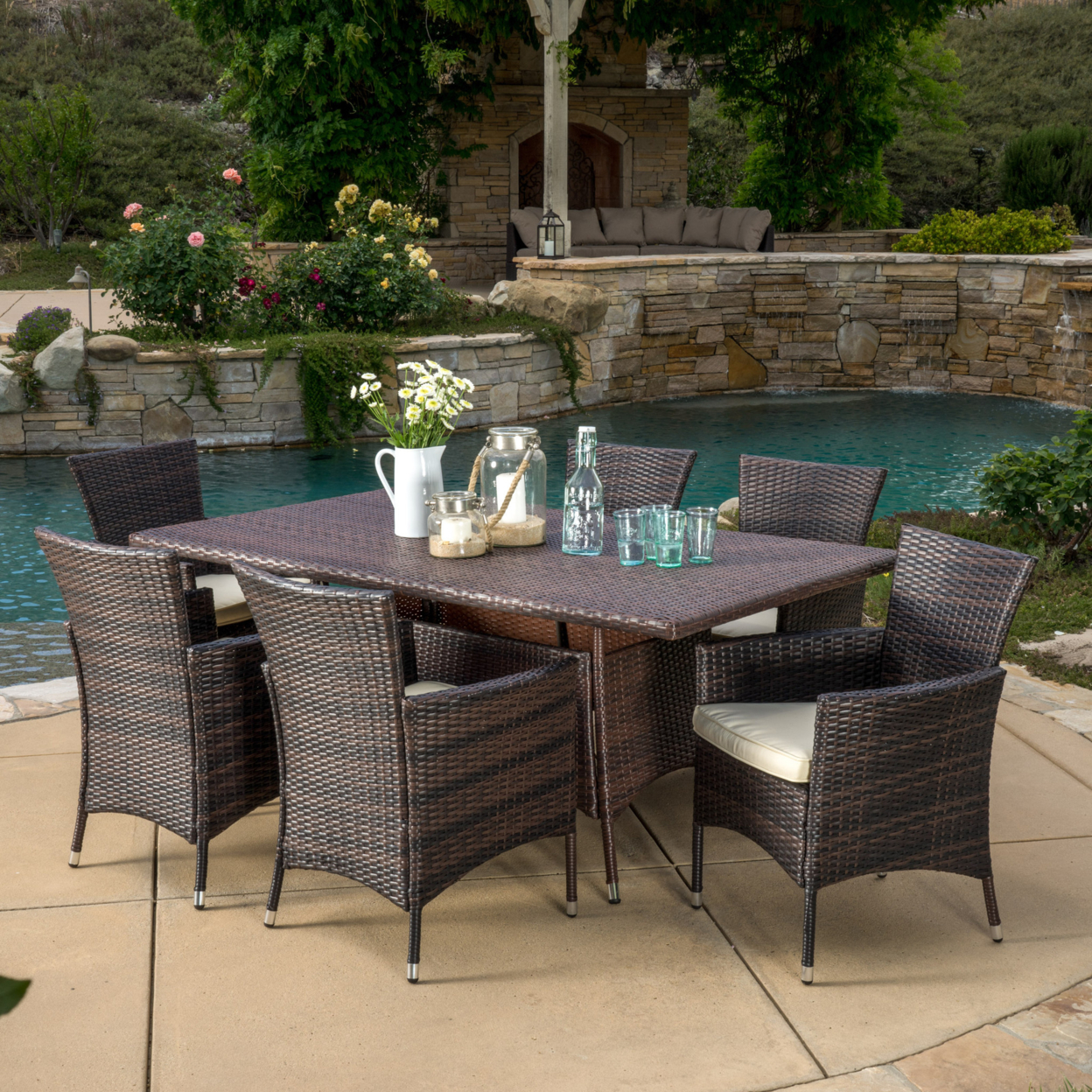 Clementine Outdoor 7pc Multibrown Wicker Dining Set