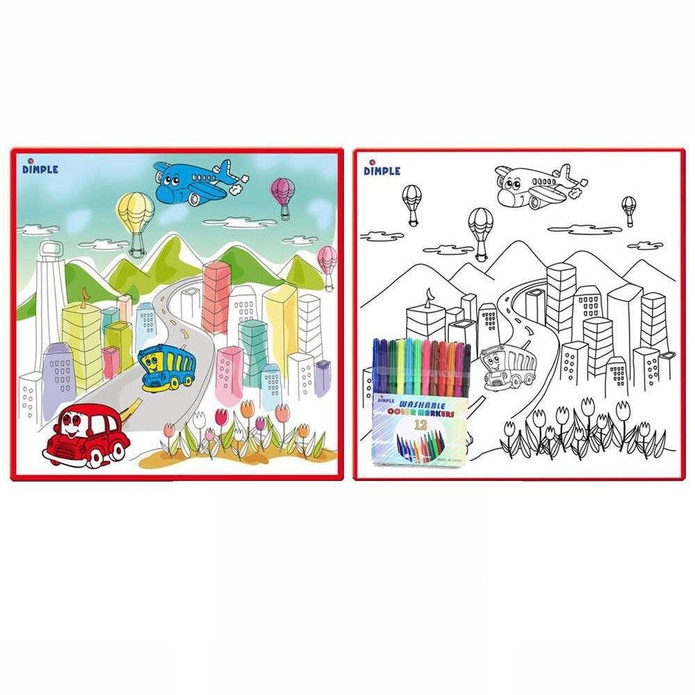 Large Washable Kids Coloring Play Mat With Bustling 'City Life' Design W/ 12 Washable Markers 'the Perfect Alternative For Coloring Books'