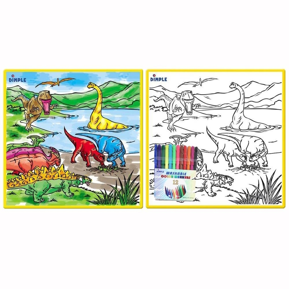 Large Washable Kids Coloring Play Mat W/ 'Jurassic Dinosaur Era' Design W/ 12 Washable Markers 'the Perfect Alternative For Coloring Books'