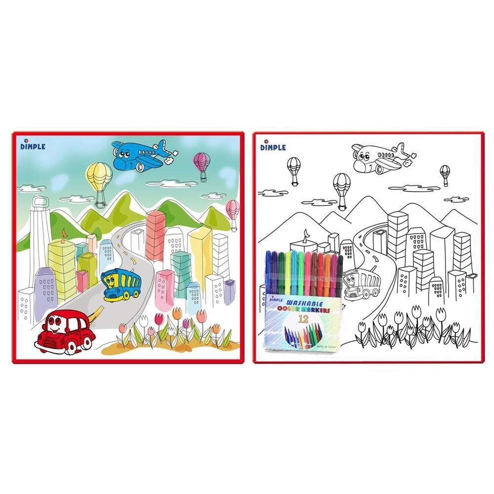 Kids Small Washable Coloring Play Mat With Bustling 'City Life' Design W/ 12 Washable Markers 'the Perfect Alternative For Coloring Books'