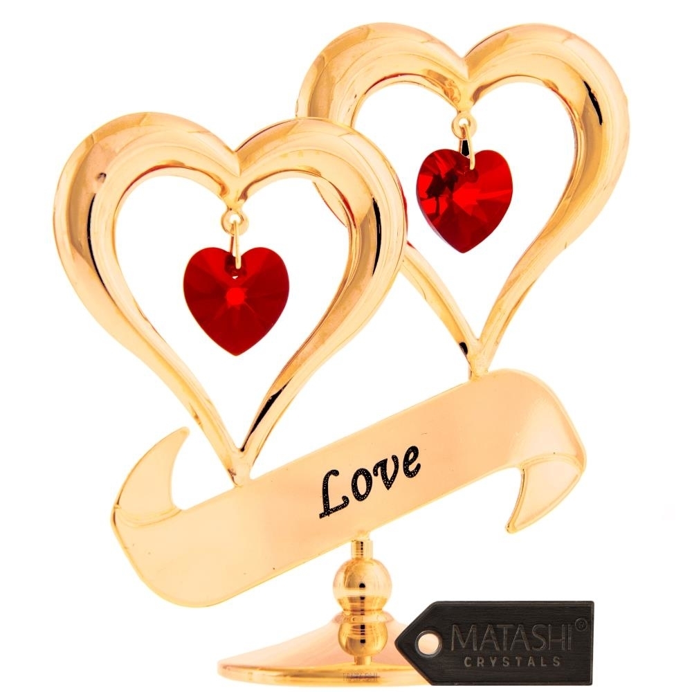 24K Gold Plated Crystal Studded Love Inscribed Double Heart Ornament By MatashiÃÂ® (Red Crystals)