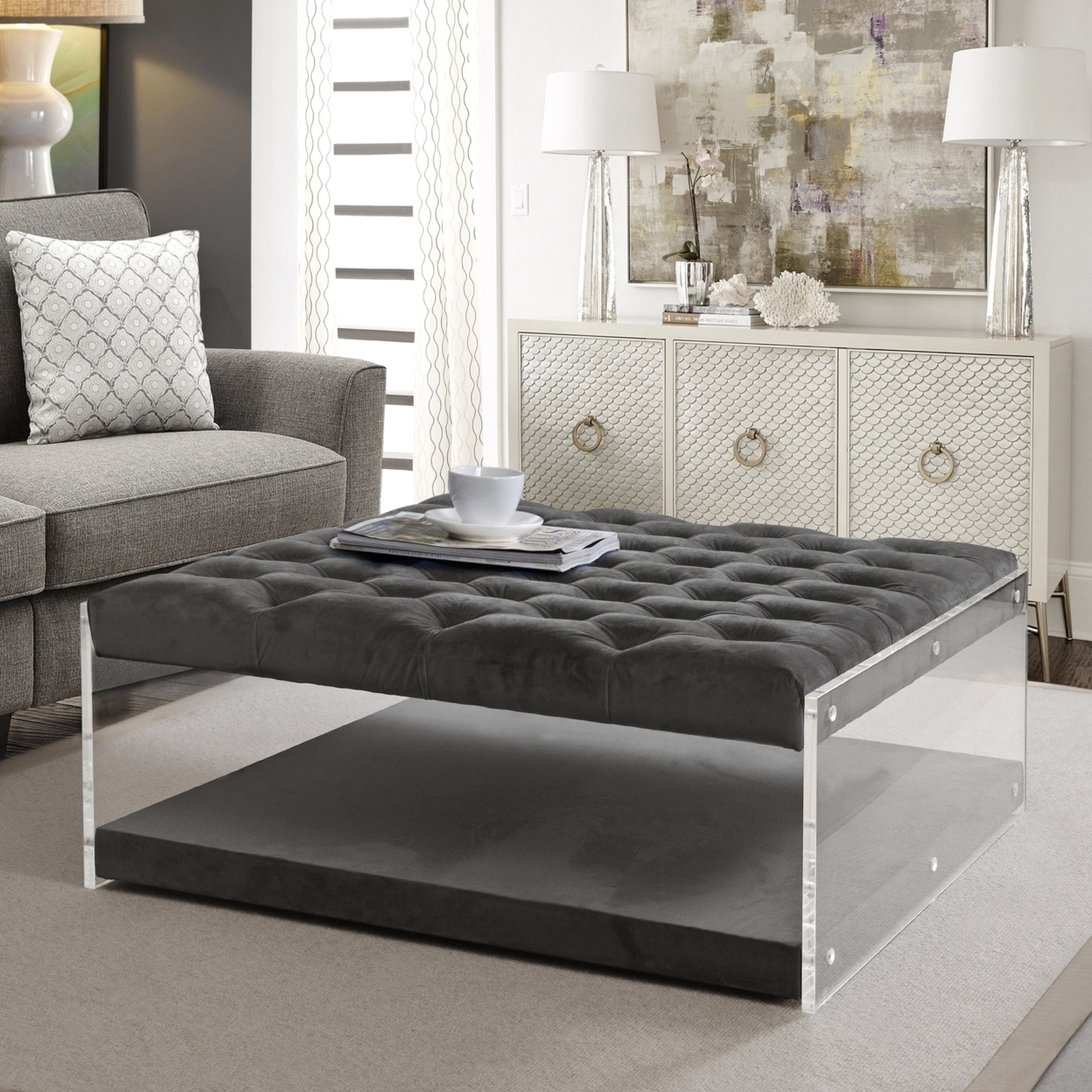 Inspired Home Morelli Velvet Modern Contemporary Oversized Button Tufted Clear Acrylic Sides Ottoman - Grey