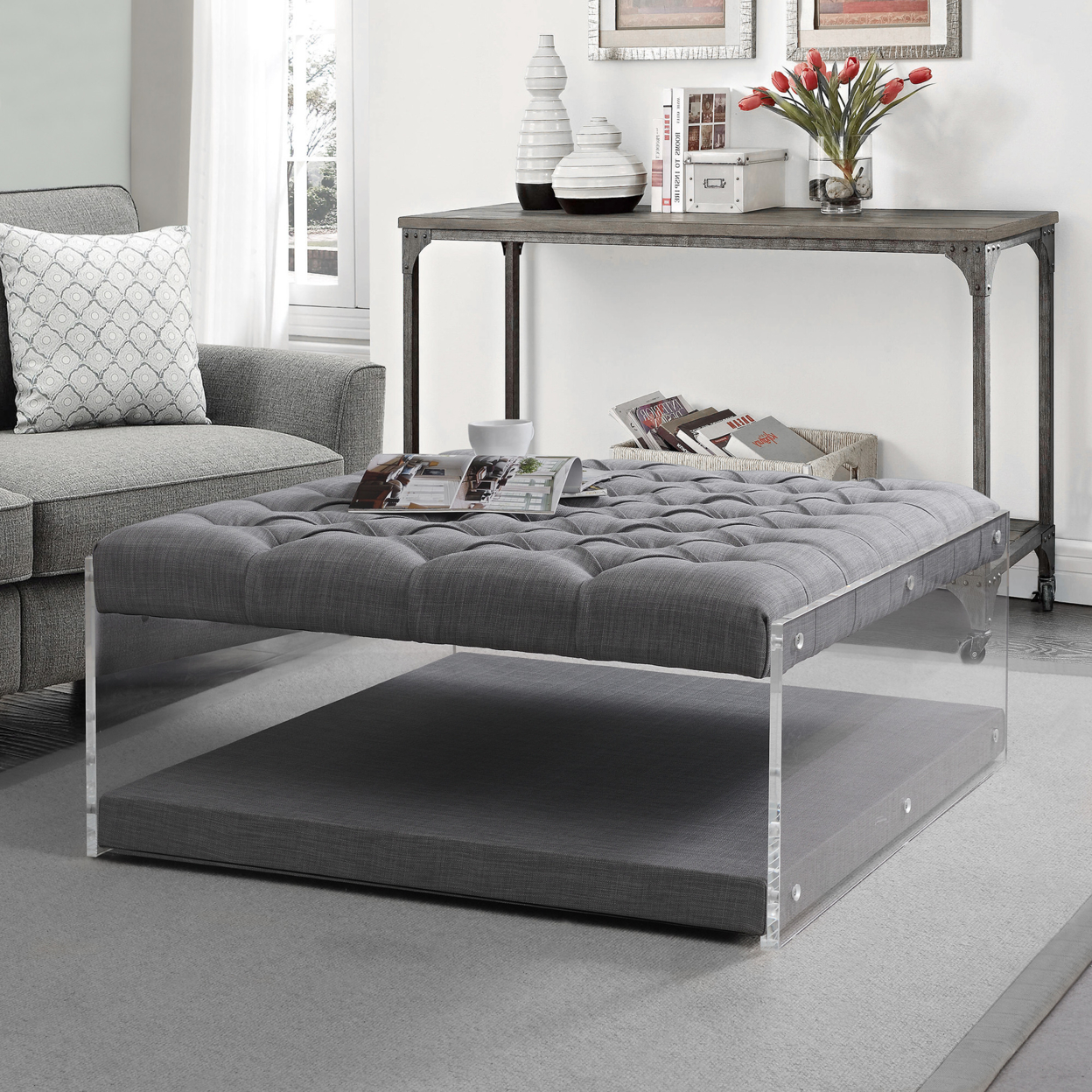 Inspired Home Morelli Linen Modern Contemporary Oversized Button Tufted Clear Acrylic Sides Ottoman - Light Grey