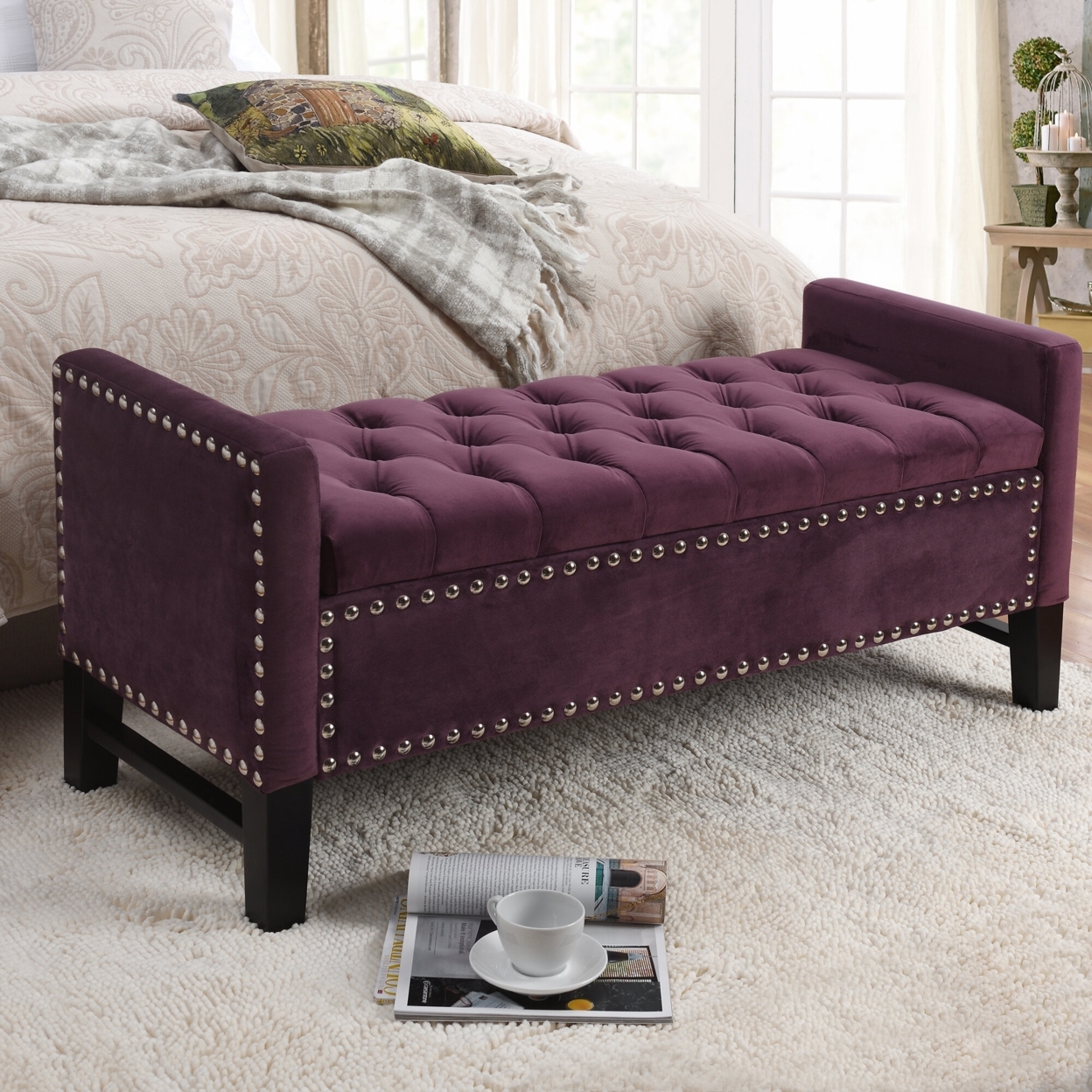Scarlett Velvet Button Tufted Storage Bench-Silver Nailhead Trim- Upholstered - Purple
