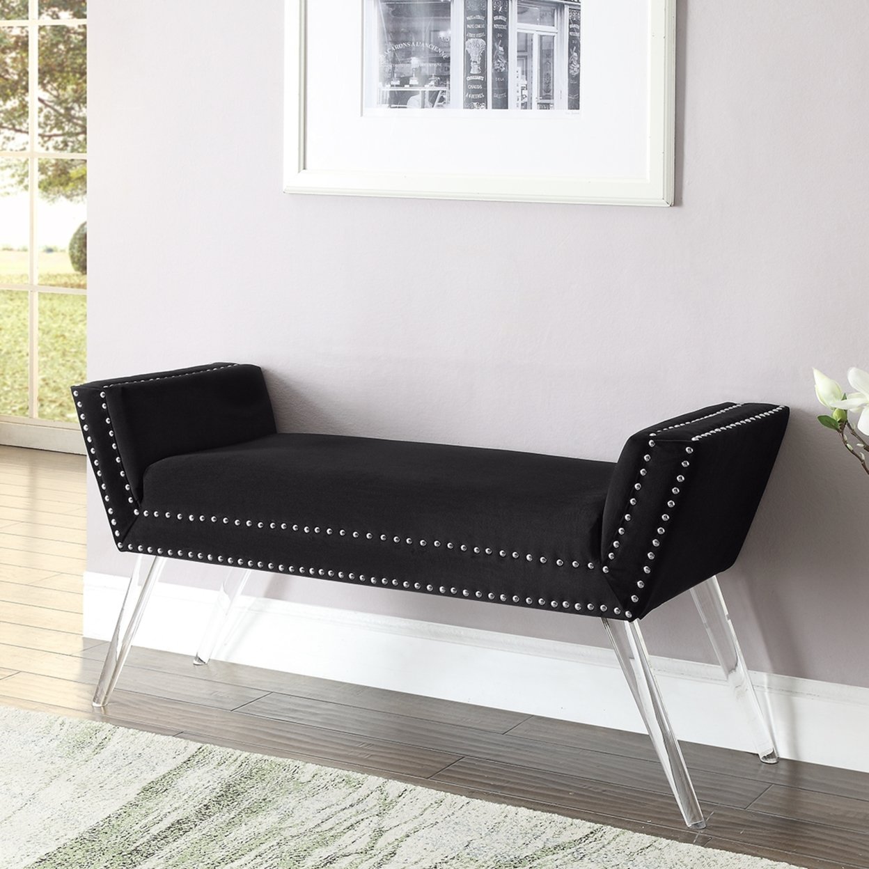 Dhyan Velvet Upholstered Bench-Modern Acrylic Legs-Nailhead Trim-Living-room, Entryway, Bedroom - Black
