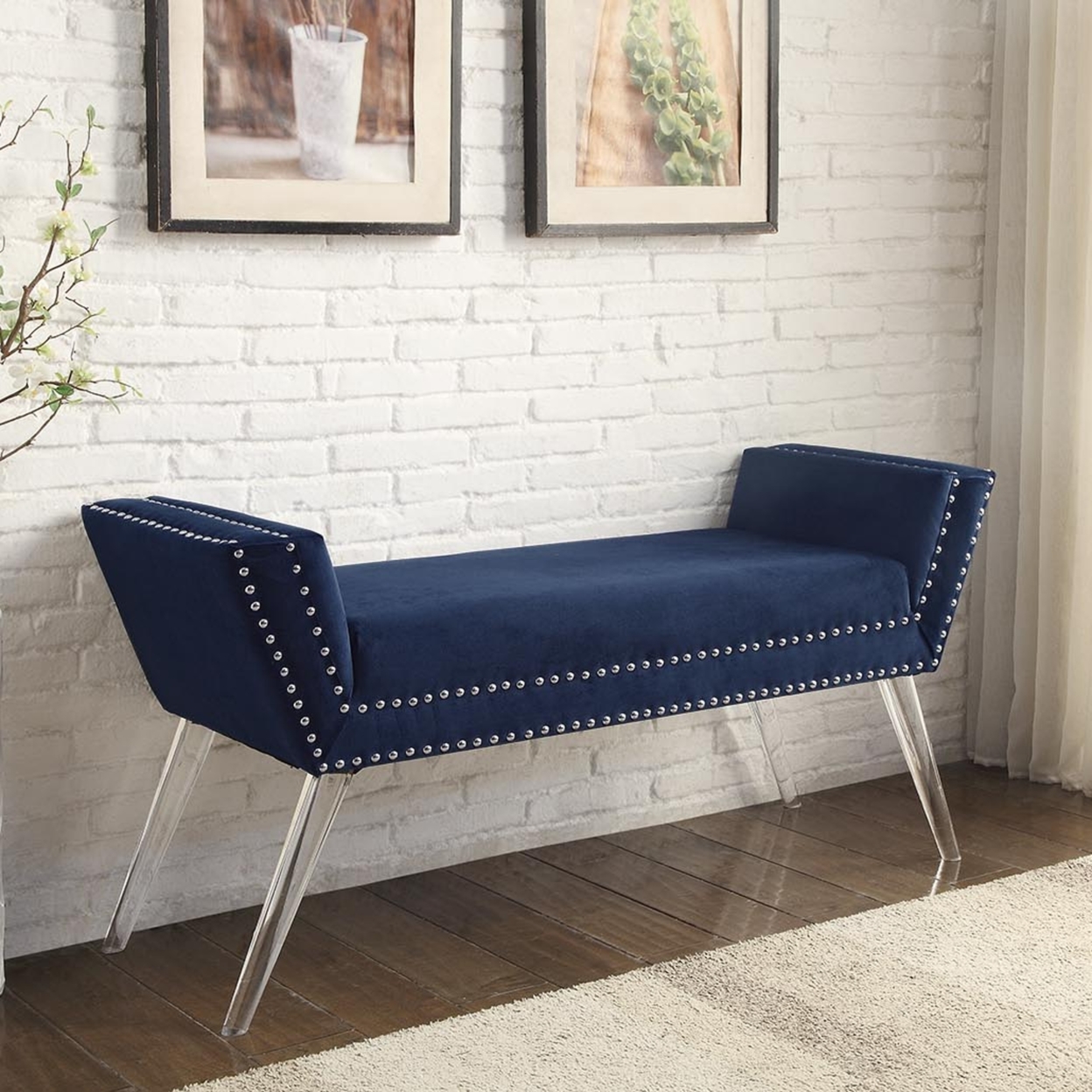 Dhyan Velvet Upholstered Bench-Modern Acrylic Legs-Nailhead Trim-Living-room, Entryway, Bedroom - Black