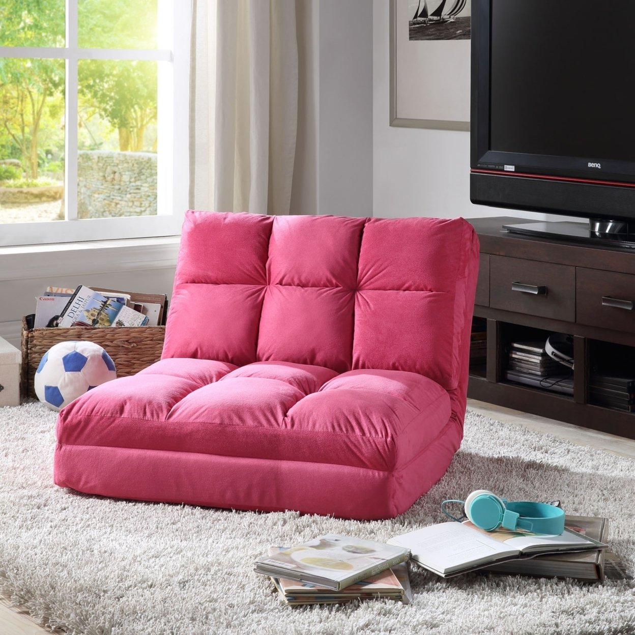 Loungie Beige Flip Chair-5 Position Adjustable-Sleeper-Dorm Bed-Lounger Seat or Sofa-Portable - Fuchsia - pink