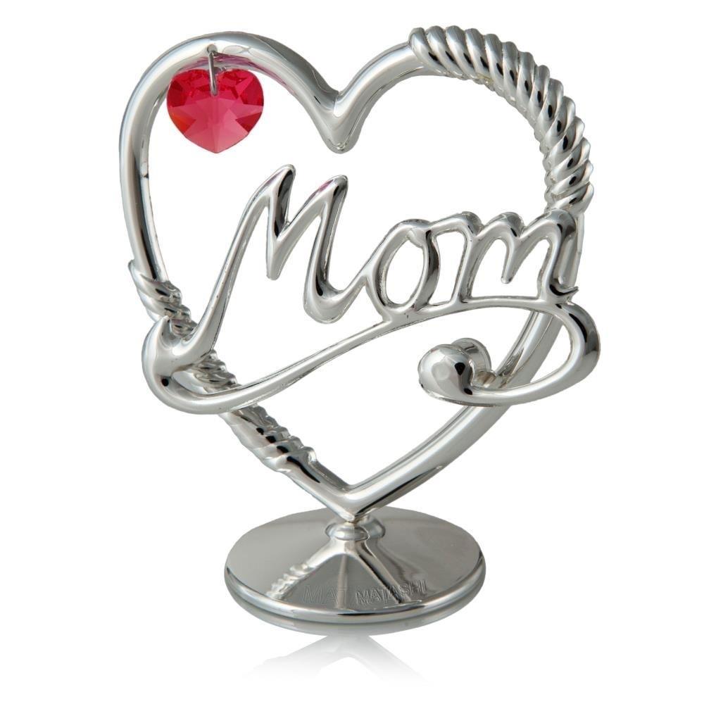 Silver Plated Crystal Studded Mom Heart Ornament W/Red Crystals By Matashi