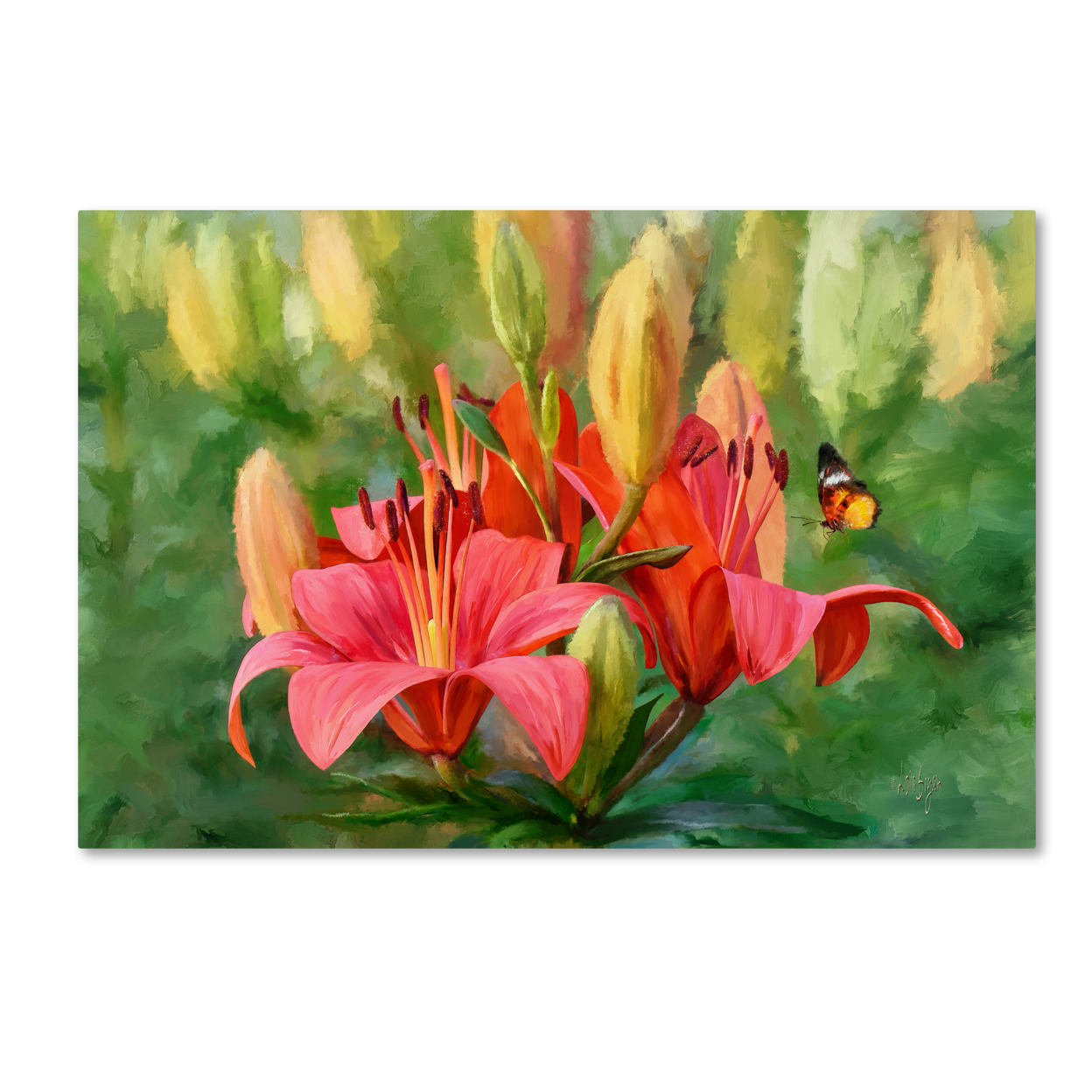 Lois Bryan 'Orange Lilies And Butterfly' Canvas Art 16 X 24
