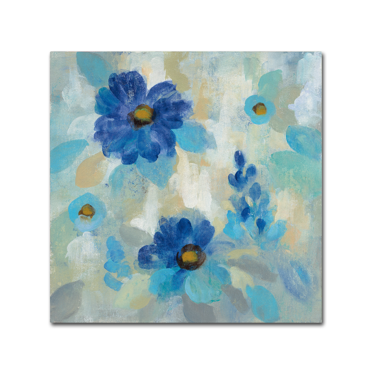 Silvia Vassileva 'Blue Flowers Whisper II' Large Canvas Art 35 X 35