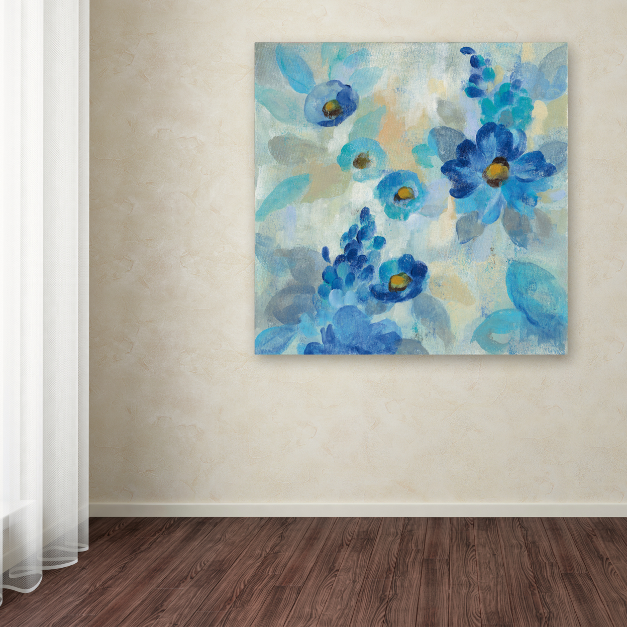 Silvia Vassileva 'Blue Flowers Whisper III' Large Canvas Art 35 X 35
